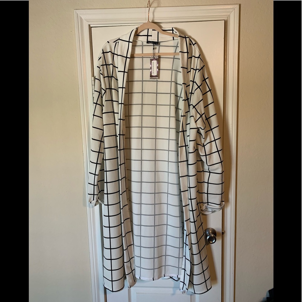 Black and white longline duster.